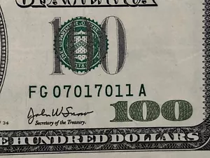 $100 Dollar Bill Series 2003A Fancy Serial Number Trinary 0, 1, 7 - FG07017011A - Picture 1 of 7