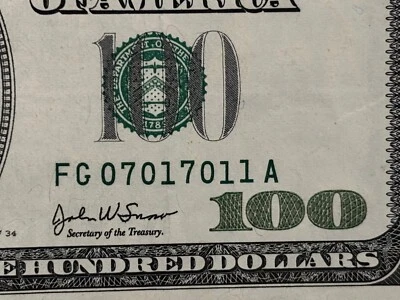 $100 Dollar Bill Series 2003A Fancy Serial Number Trinary 0, 1, 7 - FG07017011A - Image 1 of 4