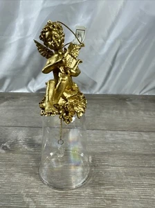 Christmas Iridescent Glass Bell Golden Angel Playing Harp Figurine Top 6" Tall - Picture 1 of 8