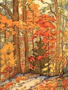 Postal repro: Bosque de otoño - Hojas doradas, amarillas y naranjas - Escena de otoño - Imagen 1 de 3