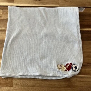 Small Wonders Blue Waffle Weave Sports Baby Blanket Soccer Football Baseball - Picture 1 of 6