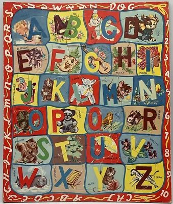 Quebra-cabeça de tabuleiro ABC vintage meados do século crianças gráficos de papelão grosso  - Imagem 1 de 4