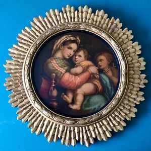 Antique Raphael Religious Madonna Of The Chair Art Print Carved Wood Gold Gilt - Picture 1 of 11