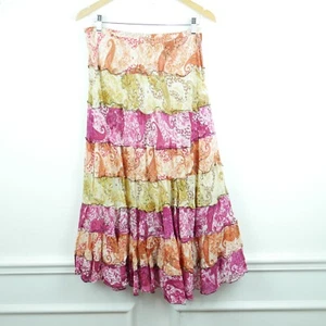 Vintage P Large Midi Skirt Tiered Ruffle Multicolor Paisley Fairy Boho Festival - Picture 1 of 6