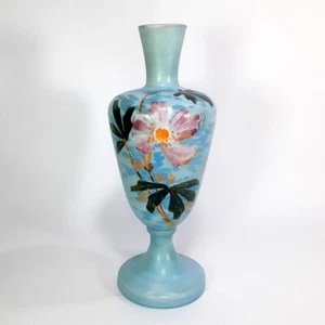 Antique Victorian Hand Blown Painted Milk Glass Vase Blue & Enamel Floral Motif - Picture 1 of 12