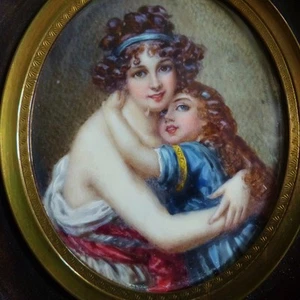 ANTIKES ELEGANTES MINIATURPORTRAIT GEMÄLDE FRAU & KIND 19. JAHRHUNDERT signiert - Bild 1 von 6
