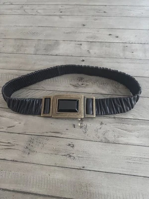 Suzi Roher Black Scrunch Elastic Leather Belt Onyx Gemstone Buckle Size Medium - Image 1 of 4