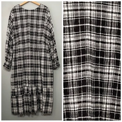 Peasant Dress Plus Size 2X Black White Plaid Smocked Cottagecore Gauze Midi Boho - Image 1 of 4