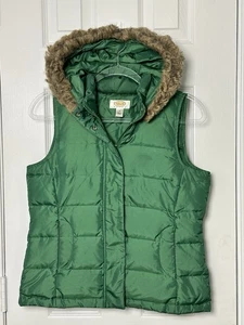 Talbots Green Puffer Vest Faux Fur Trim Removable Hood Petites XS Down Filled - Picture 1 of 13