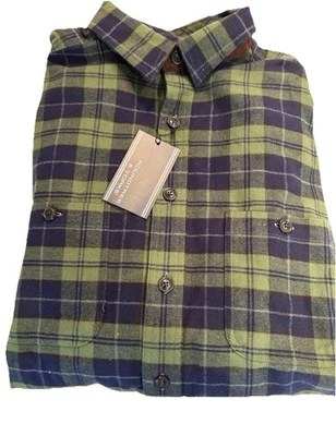 Roundtree And Yorke Plaid Flannel Shirt LT Navy Green Faux Leather FREE SHIP - Image 1 of 4