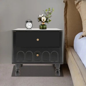 Black Retro Bedside Table End Table with 2 Drawers for Bedroom or Living Room US - Picture 1 of 24
