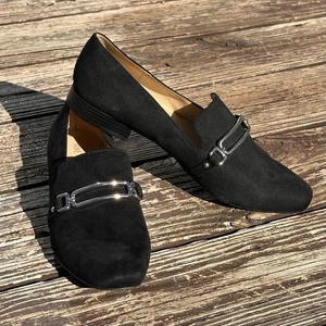 Nine West Lainee Black Faux Suede Loafers Size 8.5 Women's Silver Horsebit NWOB - Picture 1 of 9