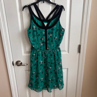 Lauren Conrad Floral Print Dress Sleeveless Green Black Trim Casual Summer 6 - Image 1 of 4