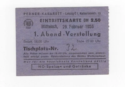 Eintrittskarte Perner Kabarett Leipzig 1956 - Bild 1 von 2