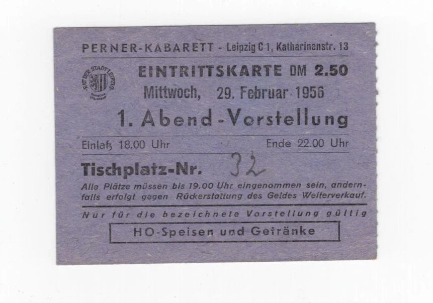 Eintrittskarte Perner Kabarett Leipzig 1956 - Bild 1 von 2