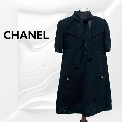 Abito CHANEL Coco Mark con bottoni e fiocco davanti zip maglia 42