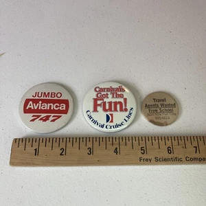 Vtg. Travel Button Pins & Advertising Tokens - Carnival Cruise Avianca 747  - Picture 1 of 7