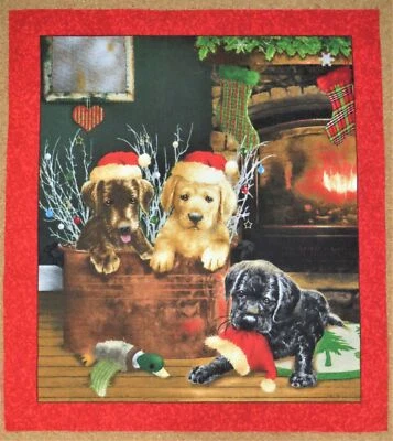 Christmas Fireside Puppies Puppy Fabric 8.75" x 10" Quilt Craft Block E - Image 1 of 2