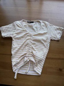 ZARA Scrunch Tie Womens Beige Yellow Stripes Size Large CROP TOP New With Tag - Picture 1 of 5