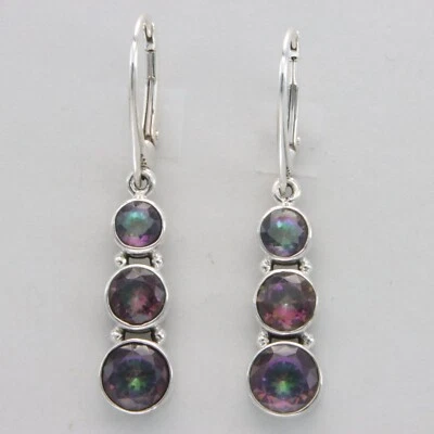 Pendientes colgantes facetados triple topacio místico plata esterlina 925 cierre de palanca #5e Foto 1 de 4