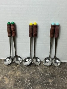 MCM German Condiment Spoons 6pc Multicolored Wooden Handles Blue Yellow Green - Picture 1 of 5