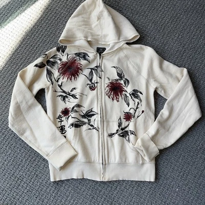 Y2K Lucky Brand Hoodie Womens Medium Beige Japanese Floral Full Zip Knit  Jacket - Image 1 of 4