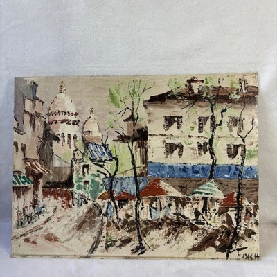 Pintura acrílica vintage de escena callejera en Montmartre París firmada por Finch 12x16  Foto 1 de 4