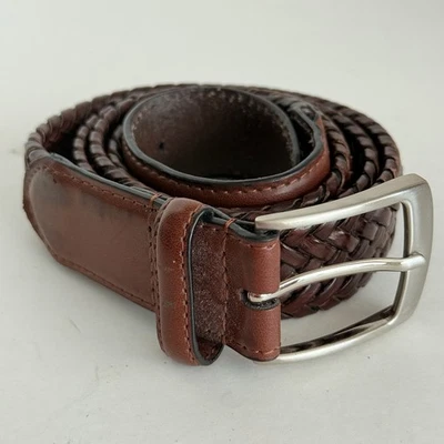 "Cinturón trenzado elástico marrón imitación cuero hebilla plateada 50""" Foto 1 de 4