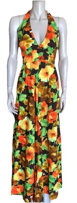 Vtg Hukilau Fashions Brown Floral Print Hawaii long Halter Maxi Dress Tiki Sz 12 - Image 1 of 4