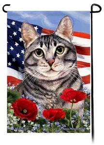 Patriotic Flowers Garden Flag - Silver Tabby Cat - Picture 1 of 1