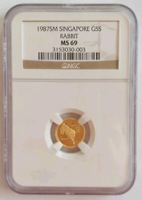 Moneda de oro 1987SM Singapur G5S 1/20 OZ conejo NGC MS69 Foto 1 de 2