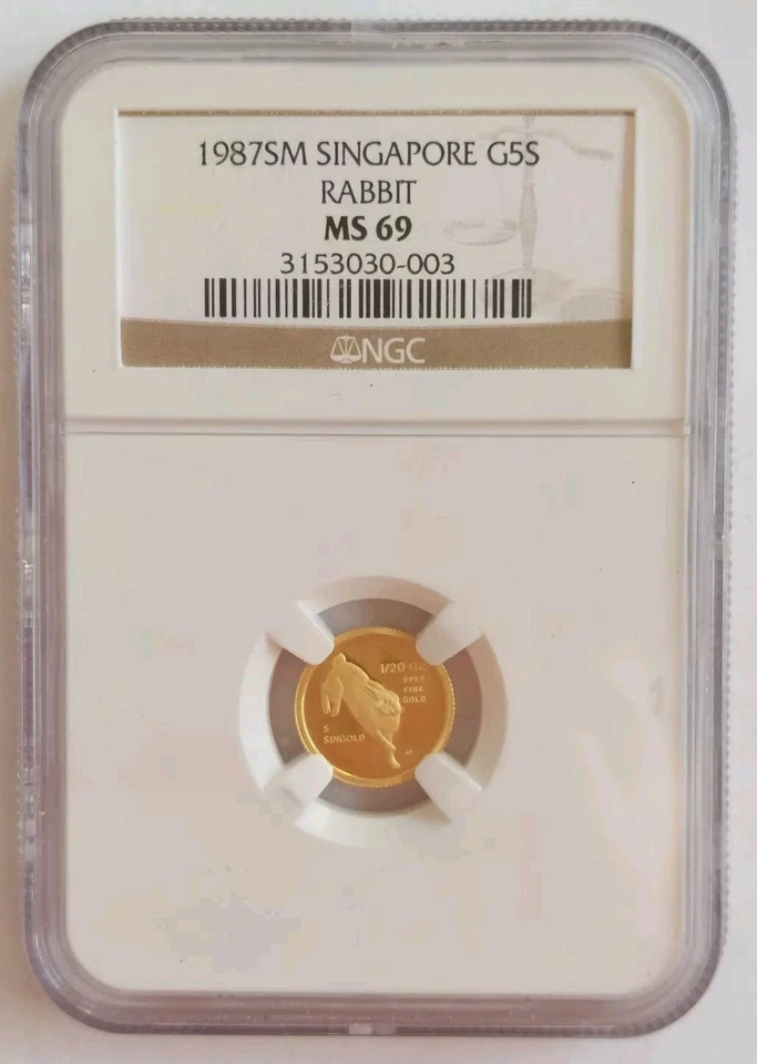 1987SM Singapore G5S 1/20 Oz Gold Rabbit NGC MS69 Coin - Image 1 of 2