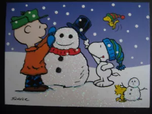 UNUSED greeting card Peanuts CHRISTMAS Snoopy & Charlie Brown Make Snowman - Picture 1 of 6