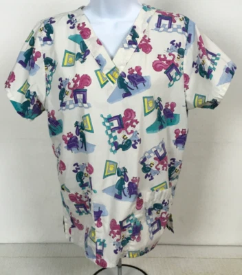 Scrub Top Women Size M Blue Purple Moose and squirrel Short Sleeves Pockets - Image 1 of 4
