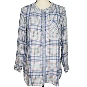 J Jill Oberteil mit Knopfleiste Medium L/S Tasche blau kariert Gaze Baumwolle runder Saum - Bild 1 von 7