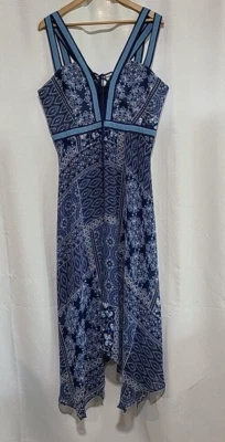 BCBG Boho Chic Popover 几何手帕不对称佩斯利连衣裙 12 码 — 第 1/4 张图片