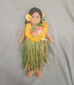 Vintage Hawaiian Cloth Doll Hula Girl Souvenir w/Grass Skirt 14" CUTIE - Picture 1 of 11