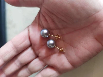 AAA+ 10mm Perfect Round Gray South Sea Shell Pearl Earrings 14k gold women stud - Image 1 of 4