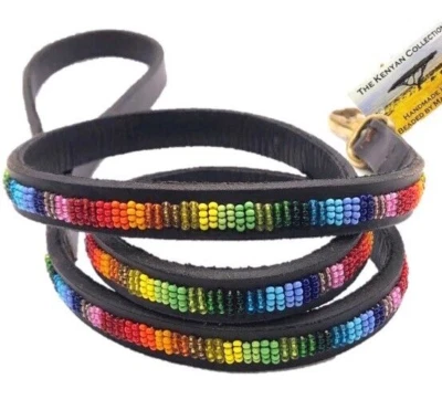 Correa de perro de cuero con cuentas hecha a mano de la colección Kenyan - patrón arco iris *NUEVA* Foto 1 de 4