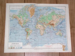 1928 VINTAGE PHYSICAL MAP OF THE WORLD OCEAN AMERICA ASIA AFRICA EUROPE CURRENTS - Picture 1 of 7