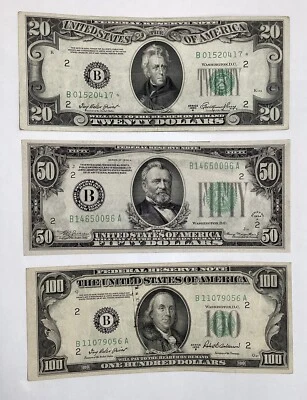 Lot Of 3 Federal Reserve Notes 1950-A $20 Star, 1934-A $50, 1950-B $100 New York - Image 1 of 4