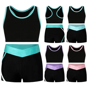 Kids Girls Sportwear Swimming Fitness Outfits Sleeveless Crop Top+Skinny Shorts - Picture 1 of 28