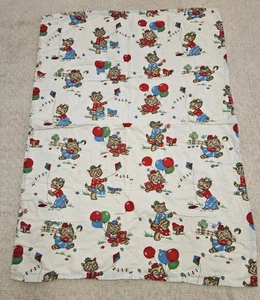Vintage 60's Cat Baby Blanket Pom Pom Quilt Mushroom Balloons Kitchy Kitten - Picture 1 of 9