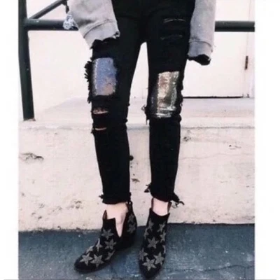 Pantalones de mezclilla LF Carmar holgados tiro medio parches de lentejuelas desgastados nuevos con etiquetas negros 26 Foto 1 de 4