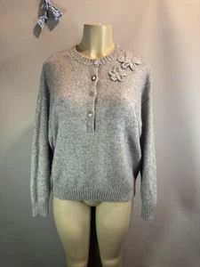 Women’s Crew Neck Sweatshirt Wool Mohair Gray Fashion Coquette Preppy - Picture 1 of 17