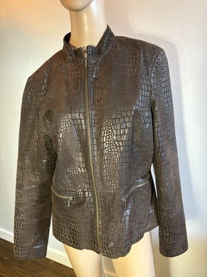 Alfani Dark Brown Leather Snake Skin Texture Zip Up Jacket Coat Women's Large - Image 1 of 4