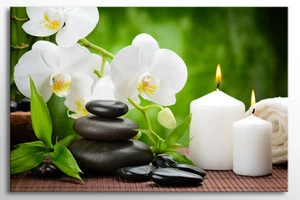 LARGE 36"x24" CANVAS WALL ART ZEN GREEN WHITE CALM CANDLES FLOWERS NEW PRINT NEW - Picture 1 of 1