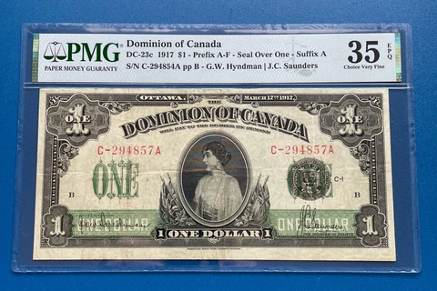 DOMINION OF CANADA 1917 $1 Banknote PMG Graded Choice Very Fine 35 EPG Cover