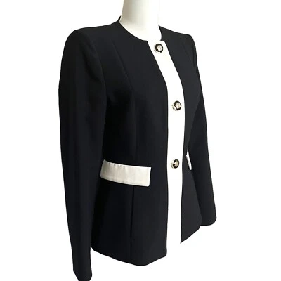 Zara Black Blazer Gold Button White Trim Jacket M Preppy Old Money Quiet Luxury - Image 1 of 4