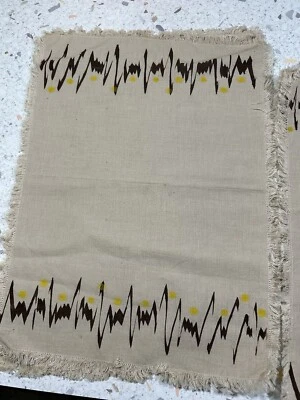 Vintage Linen MCM Hand Painted Abstract  Fringed Placemats 1970s Set of 4 - Image 1 of 4